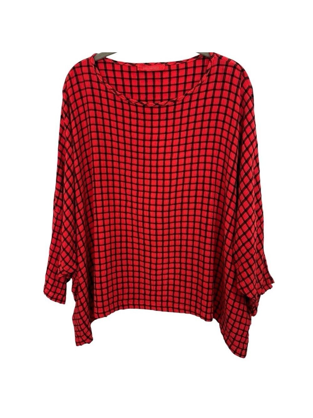 Cut Loose Red Black Check Print Top Lagenlook Cropped Boxy Viscose Blend OS USA